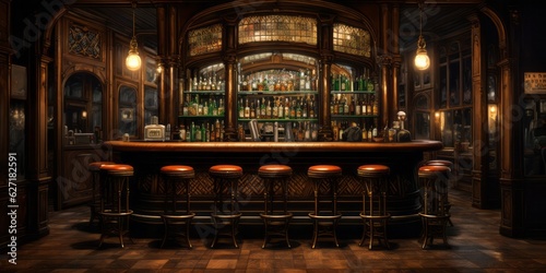 Vintage Bar with Wooden Stool and Dark Mirror, Festive Decorations, and Copy Space, Generative AI