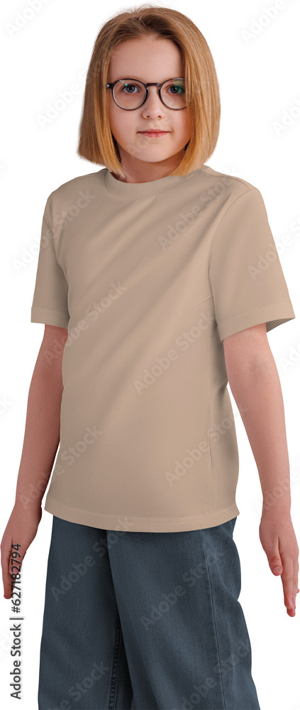 Мockup nude, tan, beige t-shirt on girl, shirt png for children, front Мockup nude, tan, beige t-shirt on girl, shirt png for children, front