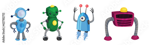Happy Funny Robots with Iron Limbs Vector Set