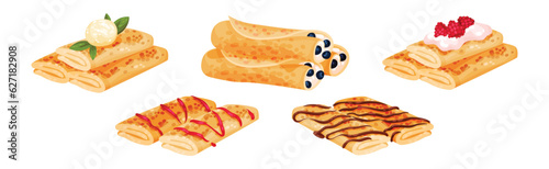 Sweet Crepe or Pancake with Filling and Topping Vector Set