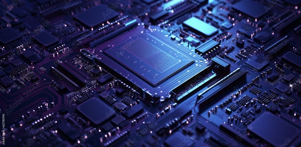 Fototapeta premium Futuristic technology background with circuit board, microchips, wires, and digital binary code, high-tech concept, copy space, Generative AI