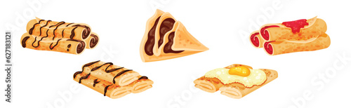 Sweet Crepe or Pancake with Filling and Topping Vector Set