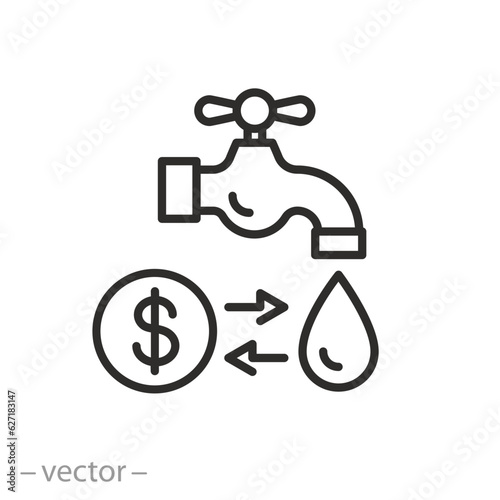 pay cost water supply icon, price or tariff volume of water, faucet with drop, thin line symbol on white background - editable stroke vector illustration eps10