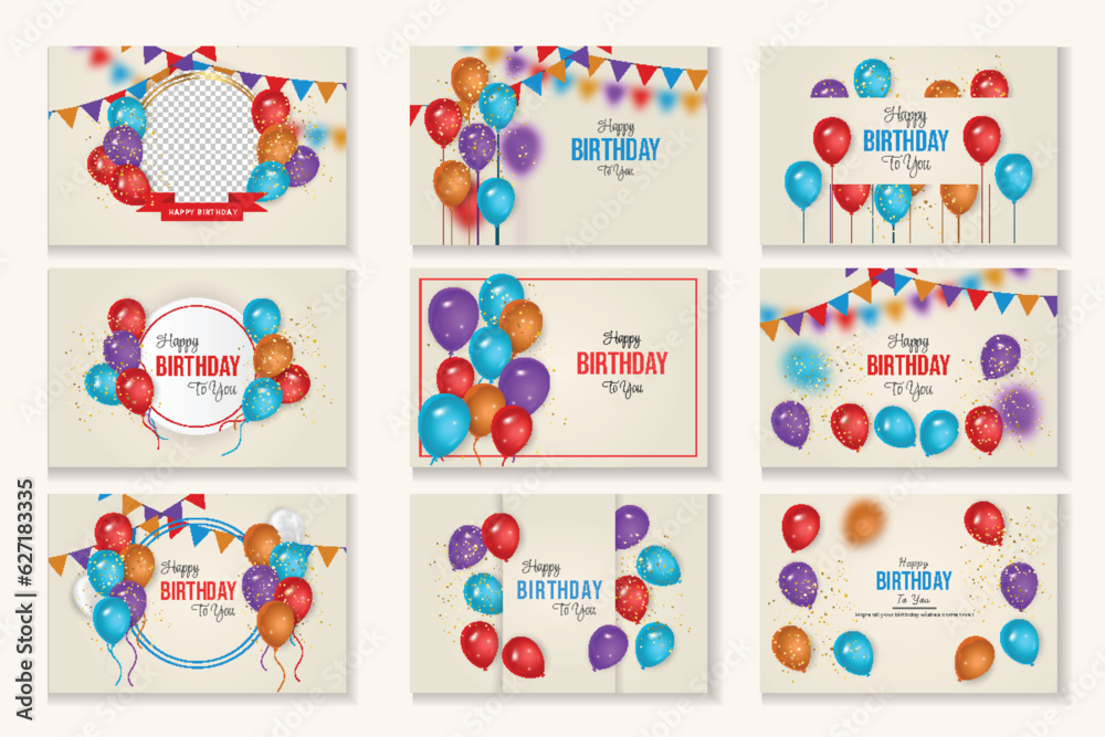 Happy birthday congratulations banner set design with color balloons and glossy glitter ribbon
