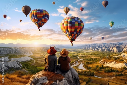 Serene Hilltop View Two People Gazing at Colorful Balloons in the Sky, Generative AI