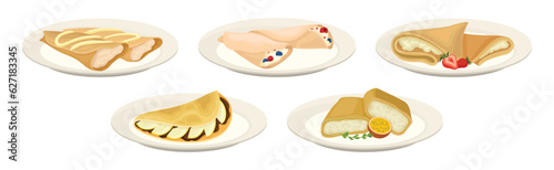 Sweet Crepe or Pancake with Filling and Topping Served on Plate Vector Set