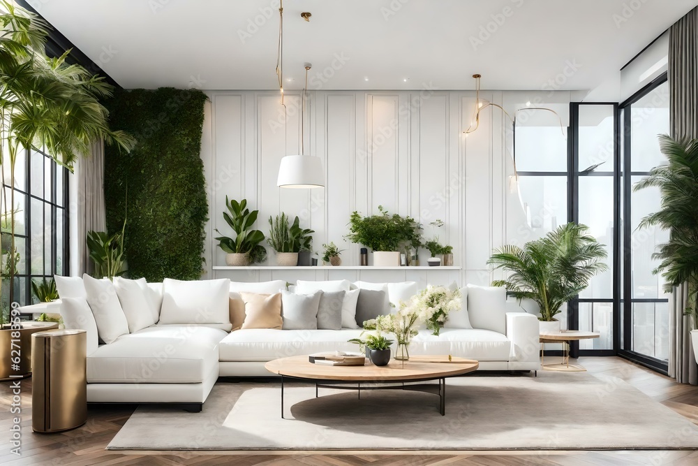 Simple interior design luxury living room with white sofa and plant
