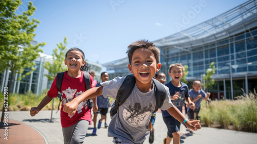 Enthusiastic school kids running toward science center entrance © Sasint