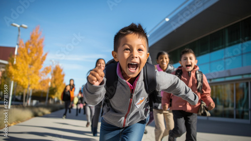 Enthusiastic school kids running toward science center entrance © Sasint