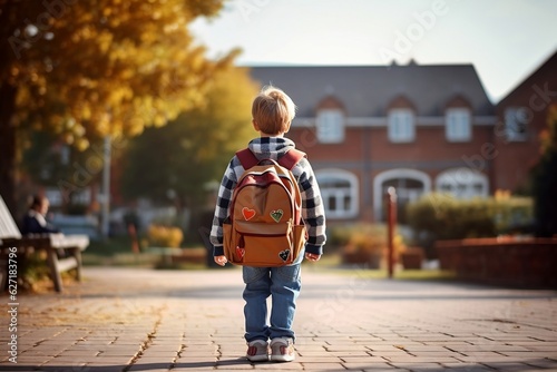 First Day Adventures Little Kid with a Backpack. Generative Ai