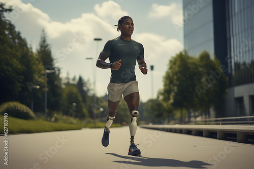 a black handsome young man wearing an Prosthetic legs running in outdoor