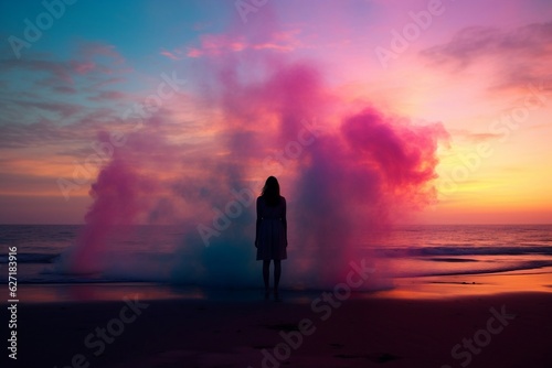 Sunset Solitude Young Woman at the Beach. Generative Ai