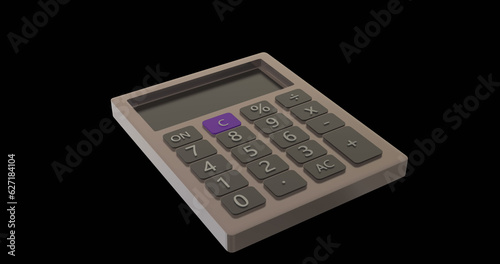 Composition of grey calculator with blank screen on black background photo