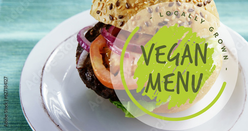 Composite of vegan menu text over vegan burger on white plate