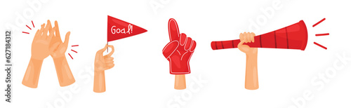 Soccer and Football Fan Hands Holding Attributes Vector Set