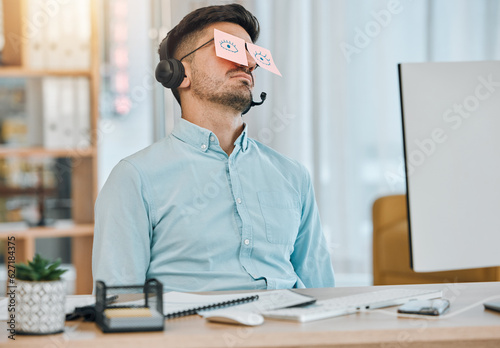 Canvastavla Tired, sleeping and business man with sticky notes on eyes from low energy and burnout in office
