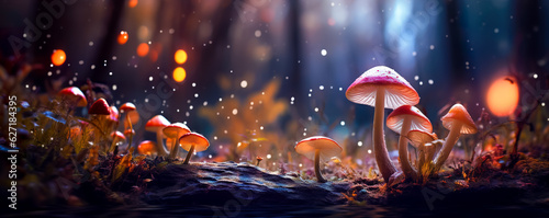 Mushroom. Fantasy Glowing Mushrooms in mystery dark forest close-up. Beautiful macro shot of magic mushroom, fungus.