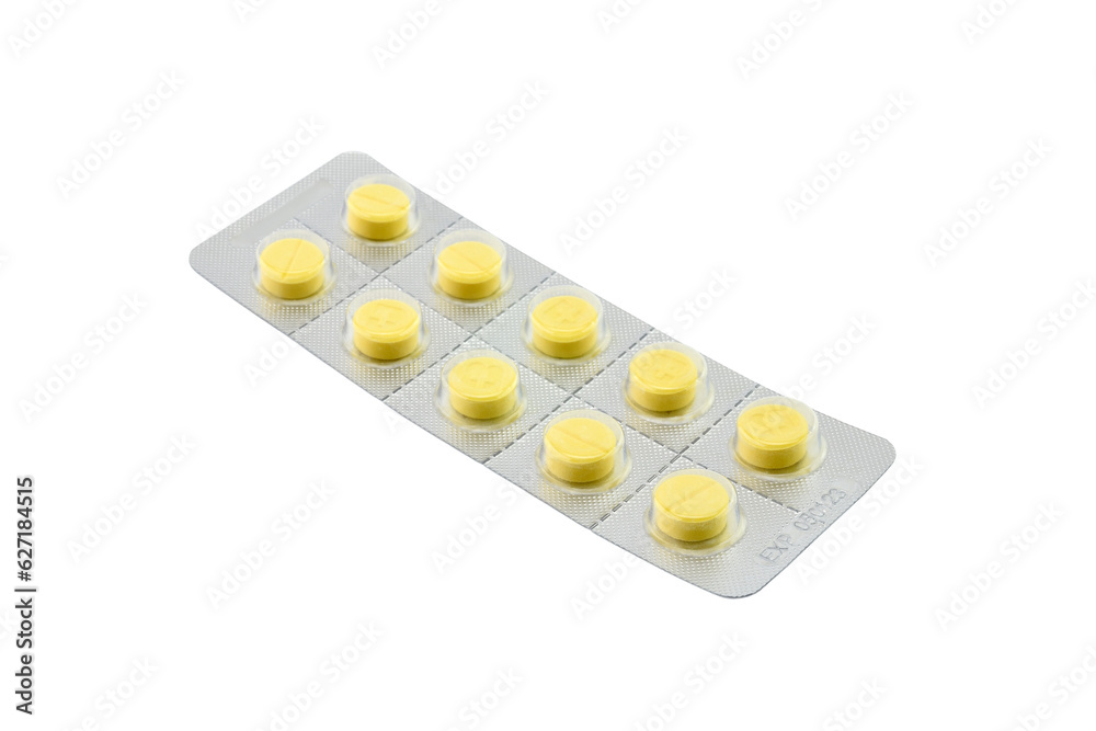 medicine in grey aluminium packaging with expiration date warning isolated on transparent