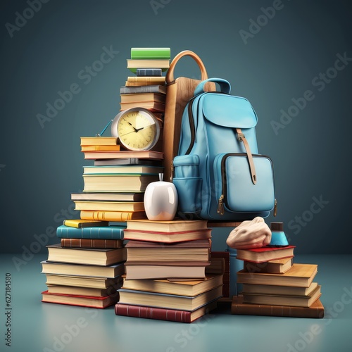 Back to school concept. School bag with book, clock. AI Generative.