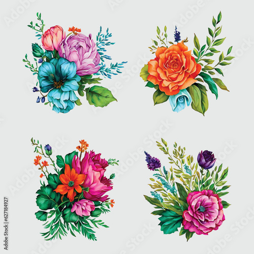 Fototapeta Naklejka Na Ścianę i Meble -  Pink and orange watercolor floral arrangement collection