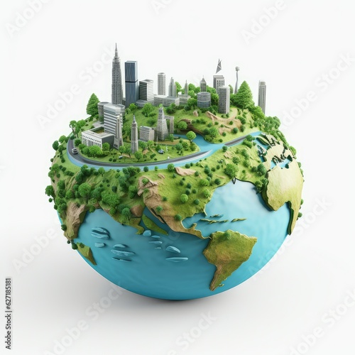 Eco Friendly and Green Energy Concept Design. Globe Earth Planet and Green Energy Concept Design Elements. Modern Design World Planet and Natural Landscape. AI Generative.