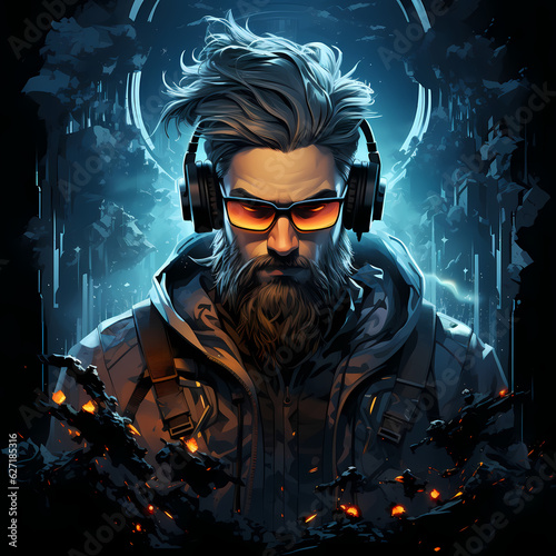 Modern game avatar. Mascot sport logo design. Gamer head illustration logo. large headphones. Male haracter for sport and gaming logo concept. Dark sci fi abstract background. Ai generative