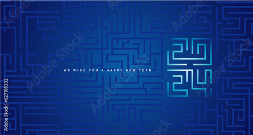 Happy New Year 2024 white blue cyberspace high tech typography greek mystic meander ornament labyrinth abstract pattern blue background