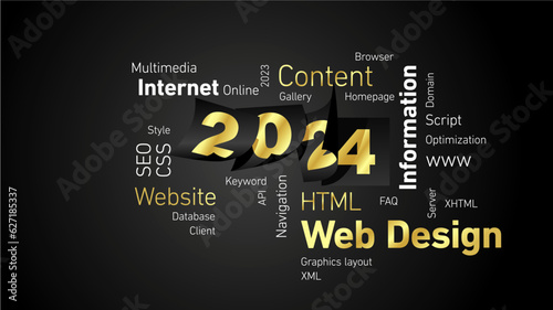 Web Design New Year 2024 shining golden white word cloud with calendar 2024 pages black board background