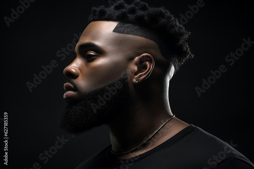 A handsome young black man with black hair shaved down the side of head, black background