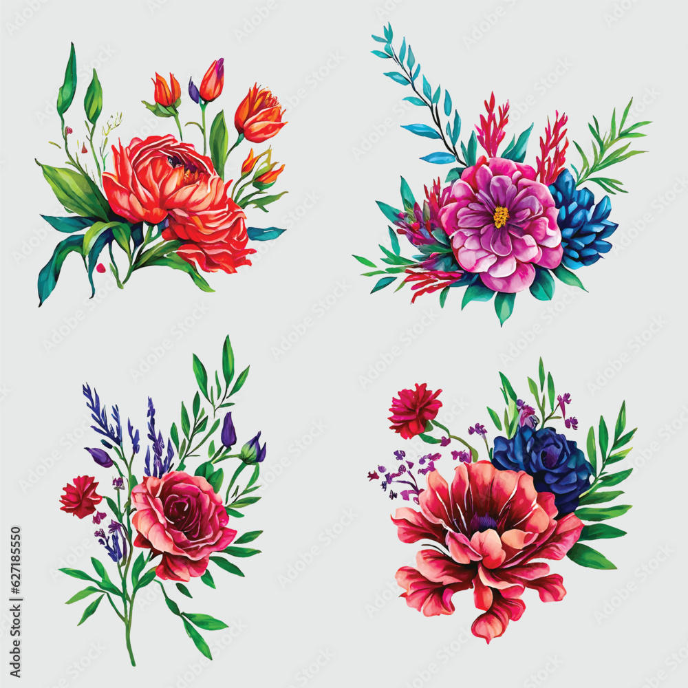 Pink and orange watercolor floral arrangement collection