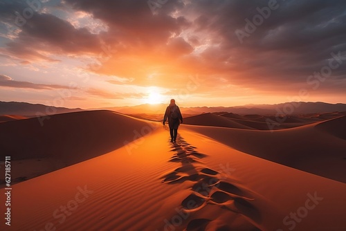 Sunset Nomad Walking Through Desert Sand Dune. Generative Ai
