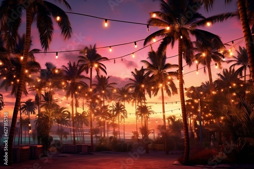 Sunset Serenade Palm Trees and String Lights. Generative Ai