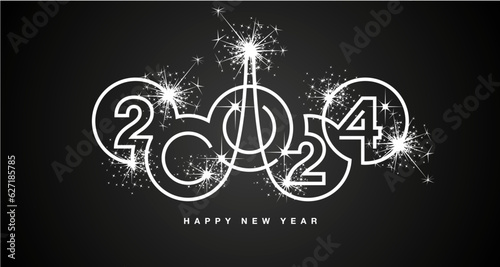 Happy New Year 2024 abstract line design rings with year 2024 number sparkle firework white black greeting card
