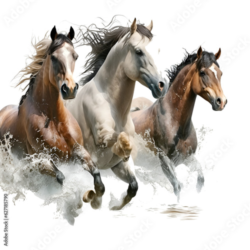 two horses white and brown running gallop from a splash of water on transparent  generative AI