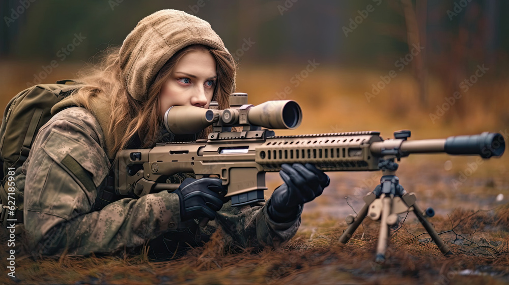 Fototapeta premium photo of woman soldier holding a gun, sniper.Generative ai