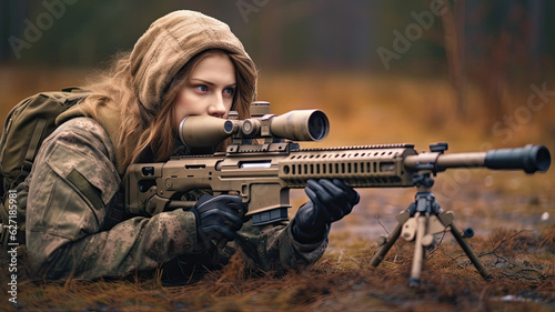 photo of woman soldier holding a gun, sniper.Generative ai