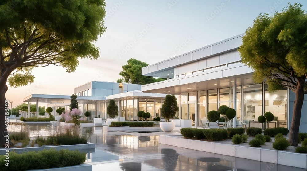 Modern hospital, sleek design, sophisticated color style Modern hospital, sleek design, sophisticated color style