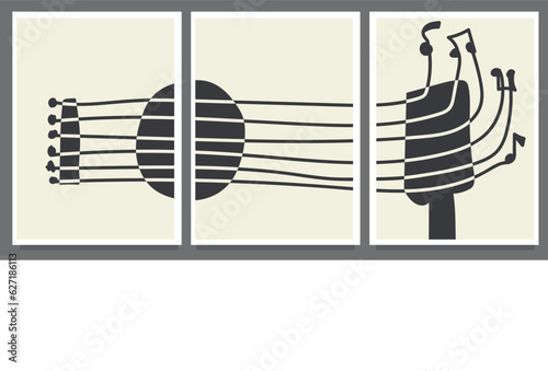 set of monochrome guitar and music notes music 20s style. abstract style painting vector illustration