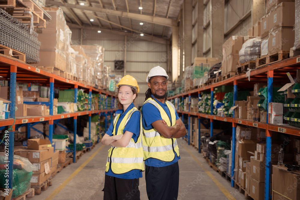 Portrait of confident warehouse staff standing with thumb up in a warehouse