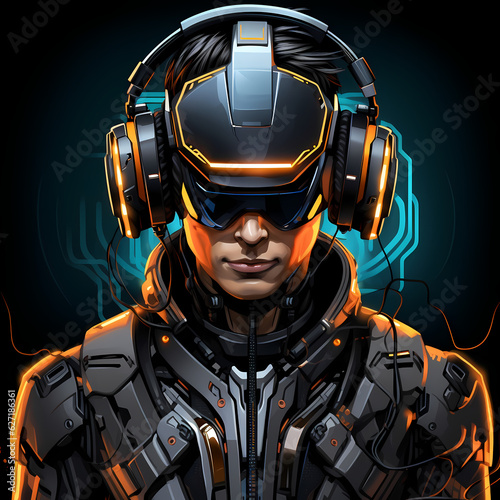 Modern game avatar. Mascot sport logo design. Gamer head illustration logo. large headphones. Male haracter for sport and gaming logo concept. Dark sci fi abstract background. Ai generative photo