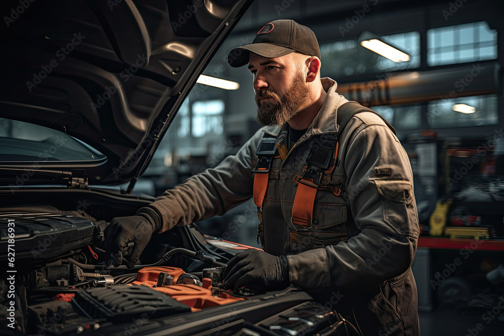 Close-up of a car mechanic in a service center picking up a new battery to replace the car. for cars that use the service Replace the battery at the store Close-up of a car mechanic in a service center picking up a new battery to replace the car. for cars that use the service Replace the battery at the store