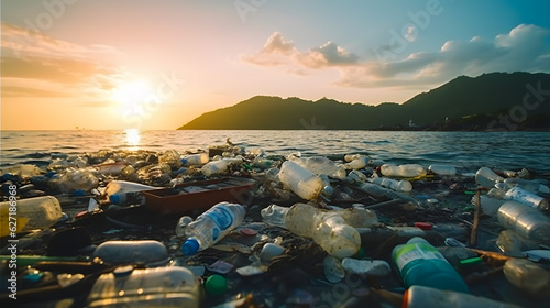 beach full of garbage and plastic waste as wide banner for environmental and recycle concepts