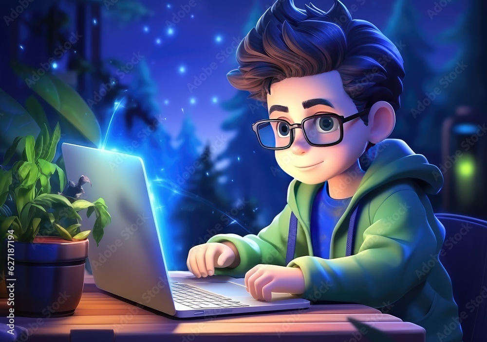 3D cartoon using laptops and sitting in chairs. Cute cartoon working, playing social media, technology futuristic, poster. AI Generative. 3D cartoon using laptops and sitting in chairs. Cute cartoon working, playing social media, technology futuristic, poster. AI Generative.