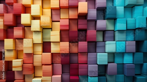 Abstract background of cube blocks wall stacking design for cubic wallpaper background, multi-colored wooden blocks.