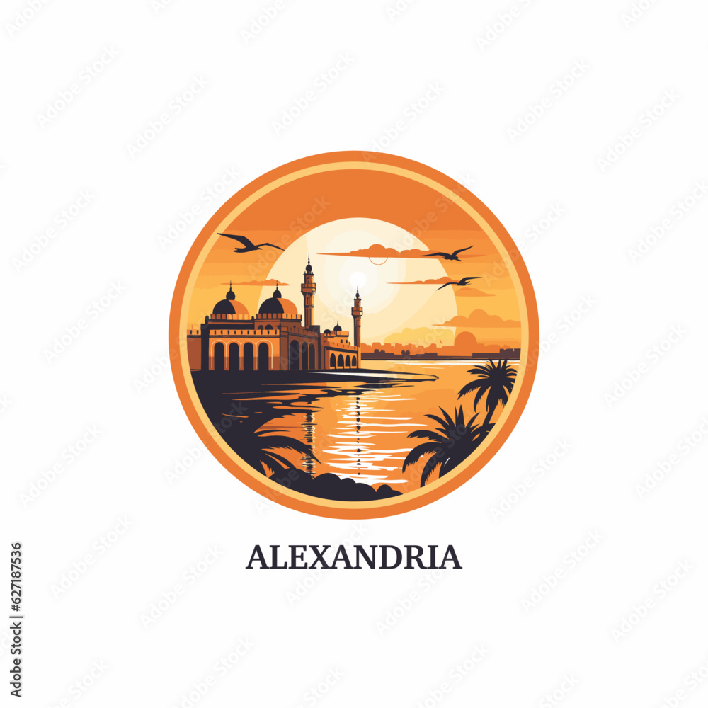Egypt Alexandria city landscape logo with landmarks and waterfront at sunset, sunrise. Panorama vector flat shape abstract Egyptian simple skyline icon emblem.