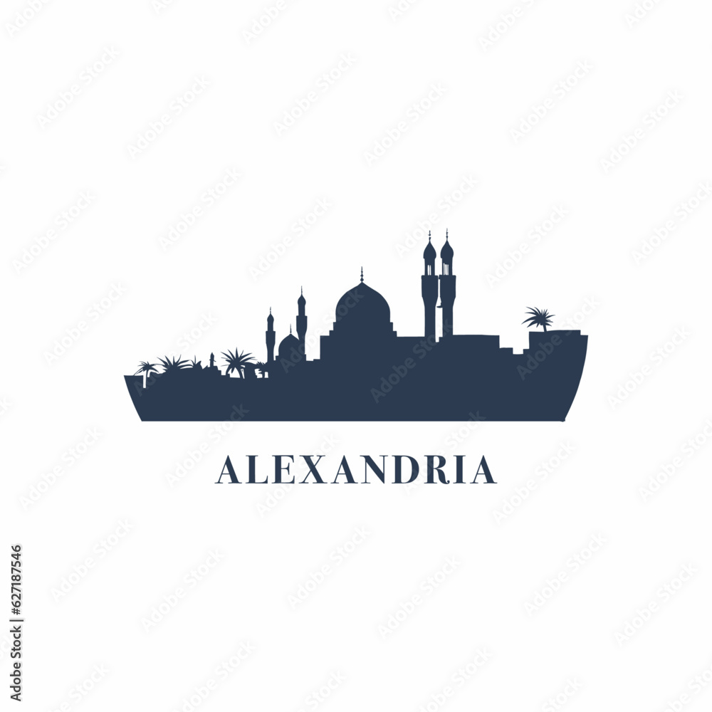 Egypt Alexandria ancient city landscape skyline logo with landmark. Panorama vector flat shape abstract Egyptian simple black icon