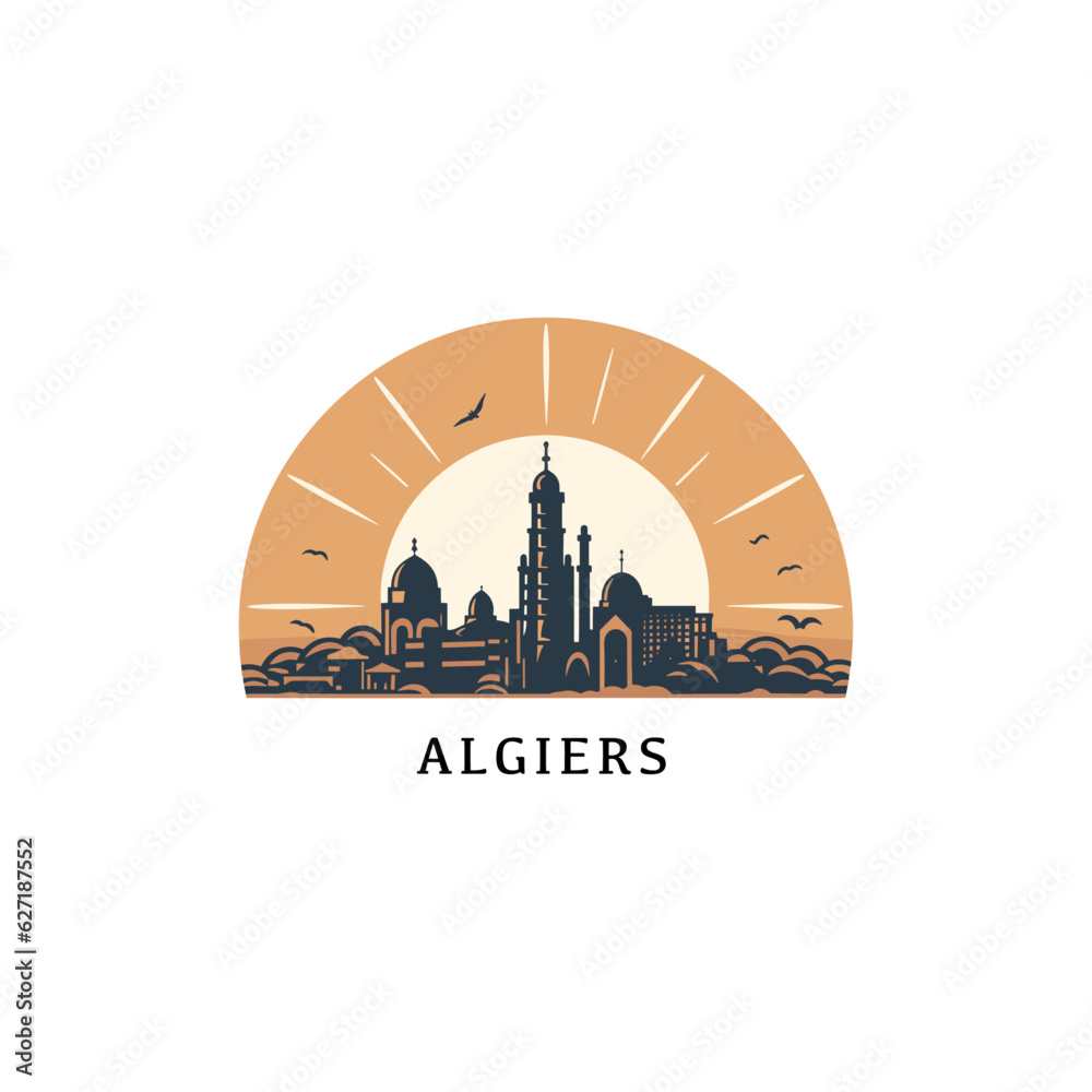 Algeria Algiers ancient city landscape skyline logo with landmark. Panorama vector flat shape abstract Arabic sunset sunrise icon