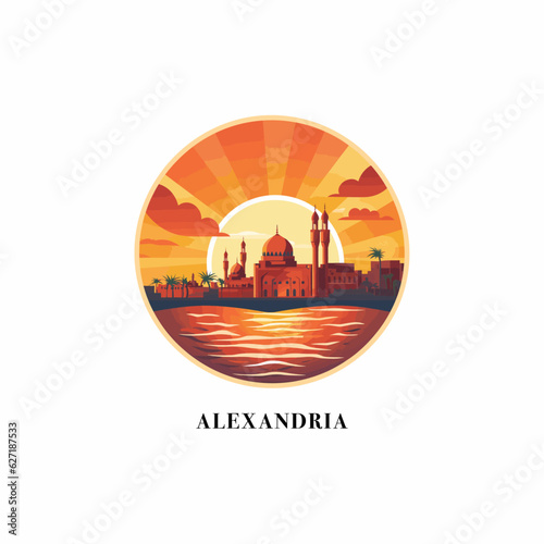 Egypt Alexandria city landscape logo with landmarks and waterfront at sunset, sunrise. Panorama vector flat shape abstract Egyptian simple skyline icon emblem