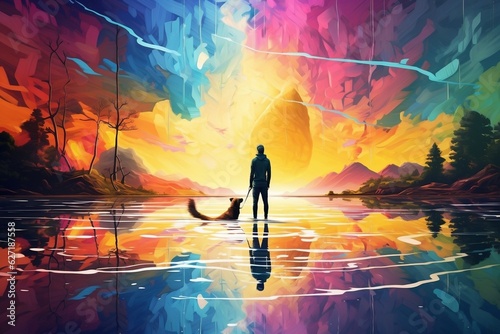 Colorful Surreal Landscape: Man Standing on the Edge Generative Ai