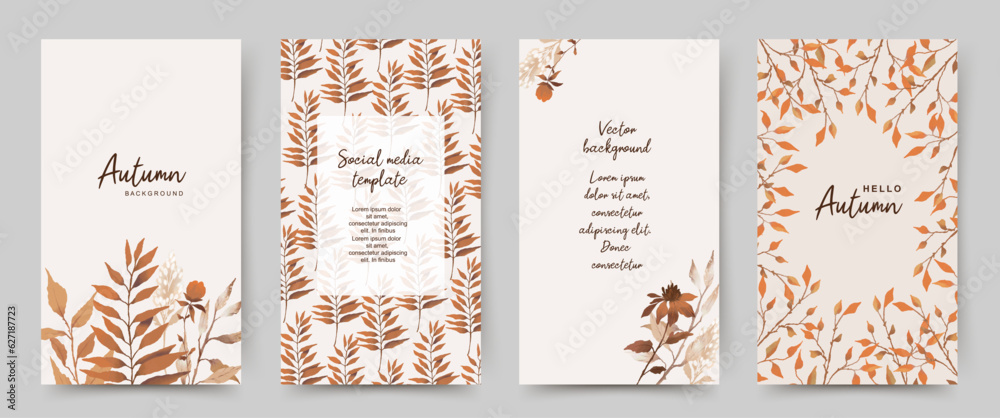 Autumn backgrounds with floral elements. Set of social media template, frame with fall leaves and flowers. Vector illustration for banner, invitation, advertisement, greeting card, social media story